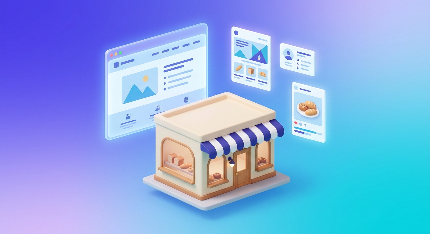 Voorbeeld van een lokale zaak met website en marketingmateriaal gegenereerd met AI